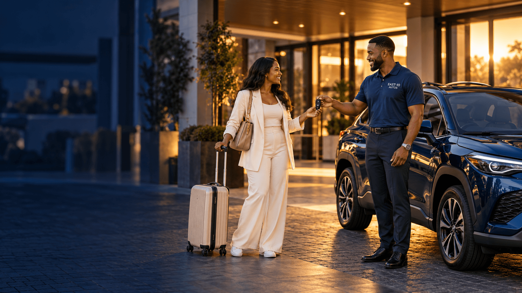 EAST-10 branded staff handing vehicle keys to a traveler at a hotel
