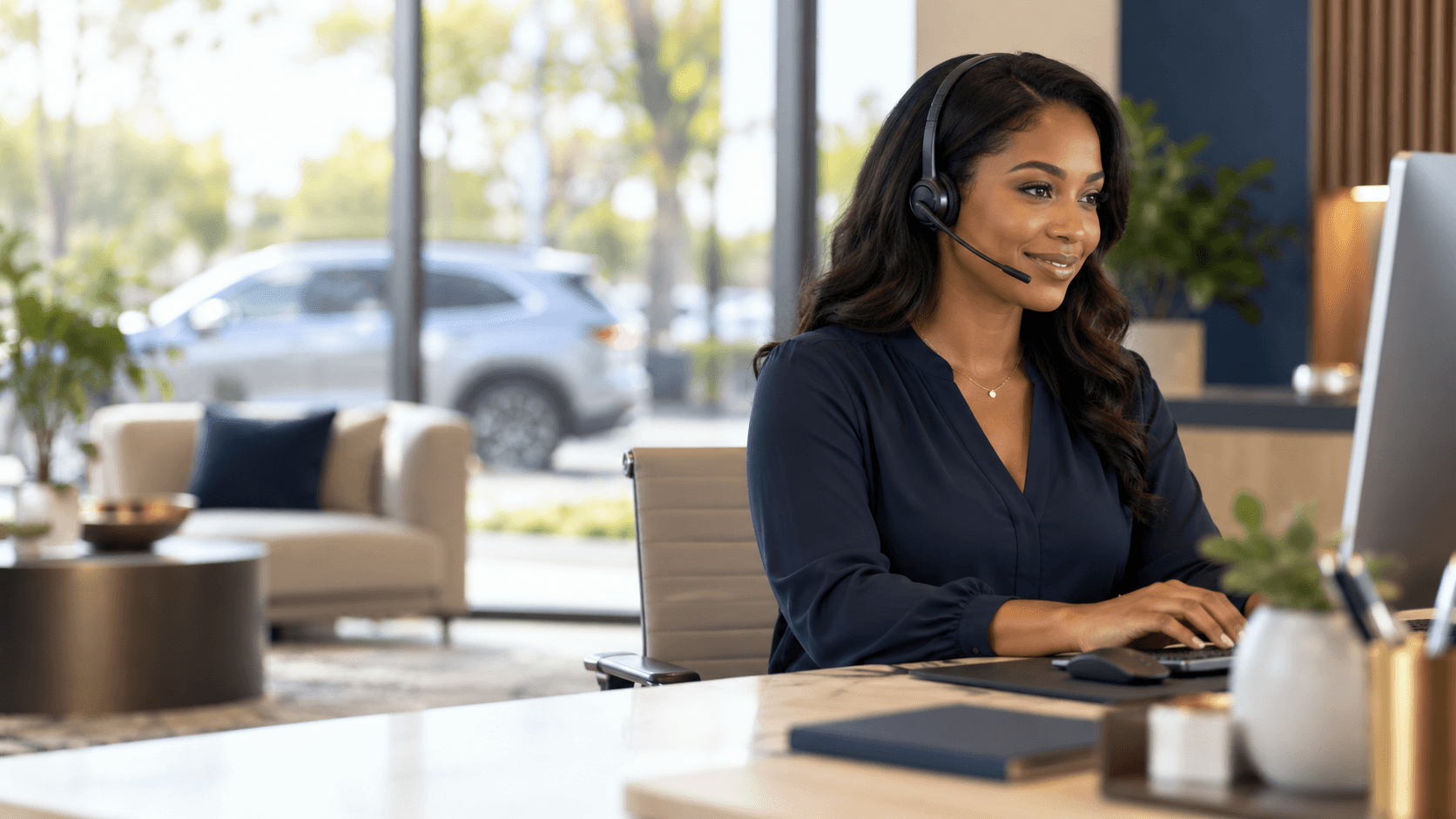 Smiling woman with a headset typing on a computer in a bright modern office space.