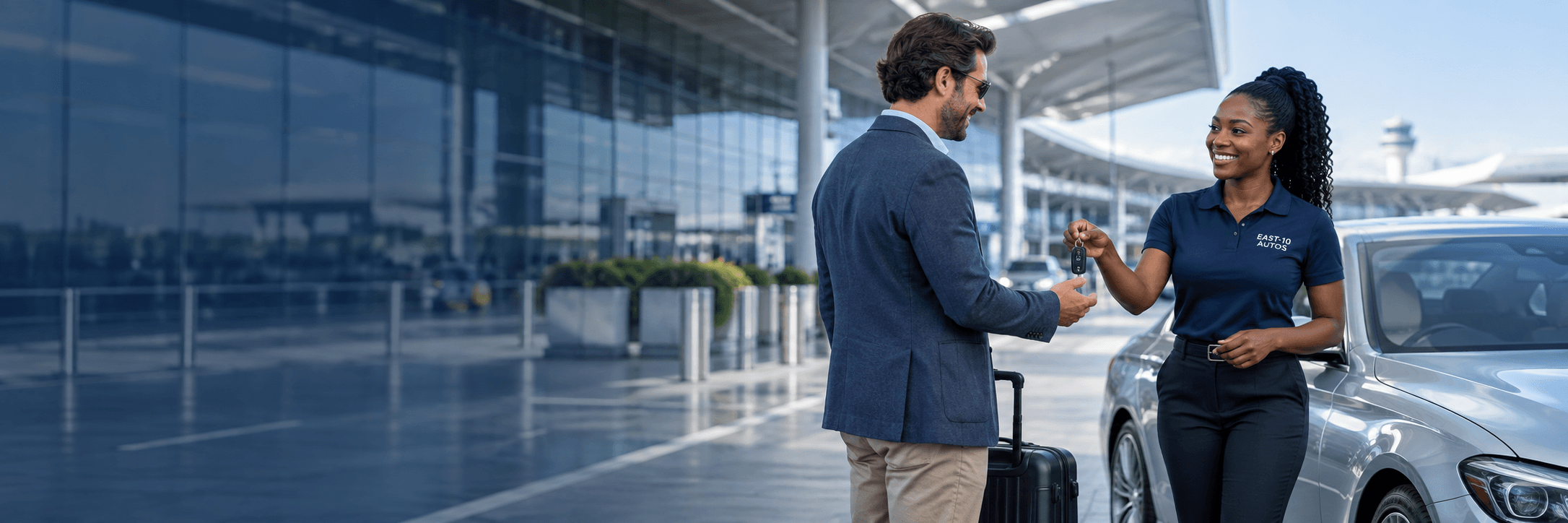Car rental agent hands keys to a businessman with luggage outside a modern airport.