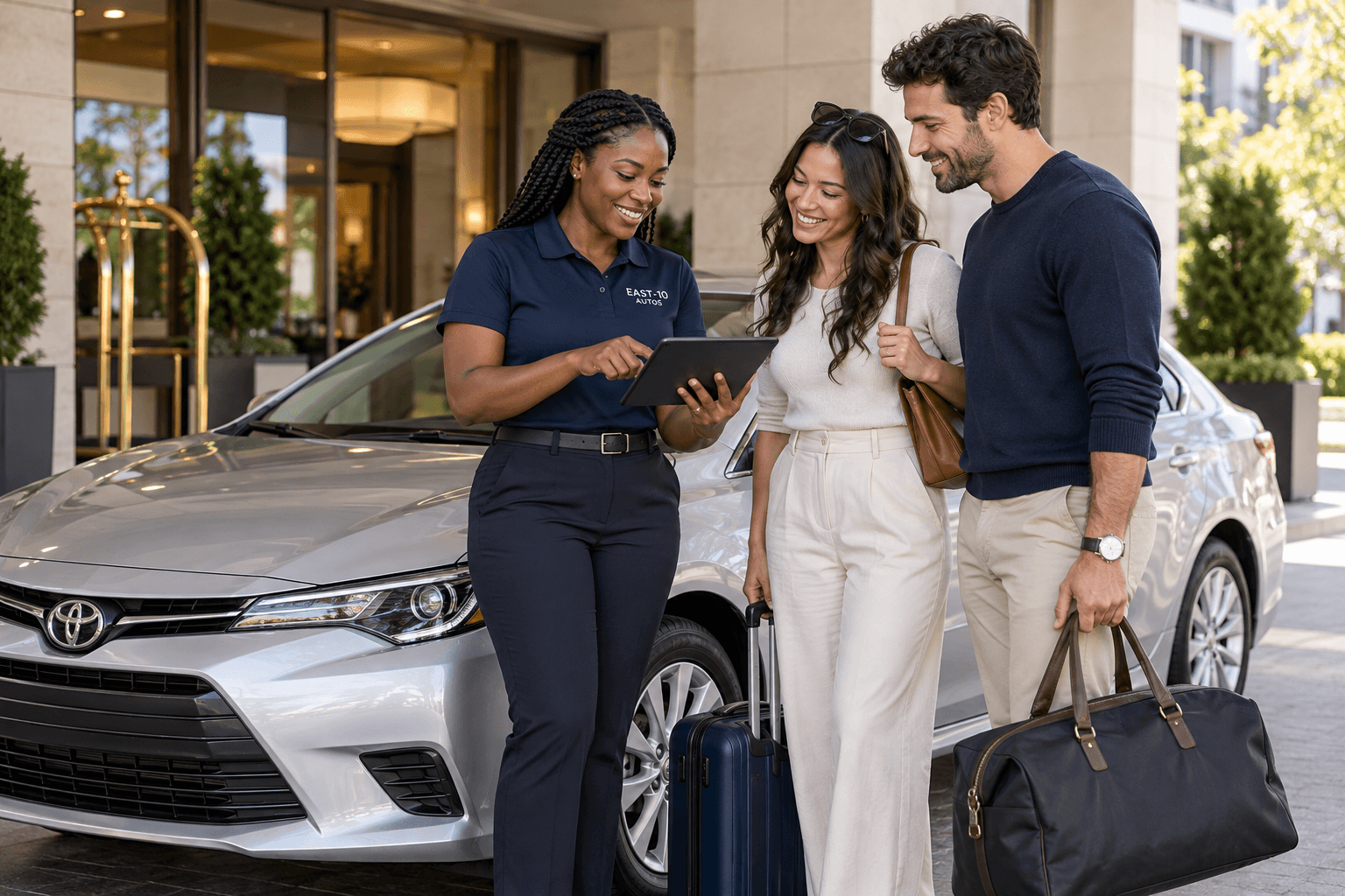 East-10 staff in navy attire assisting guests beside a polished sedan in a bright, modern showroom
