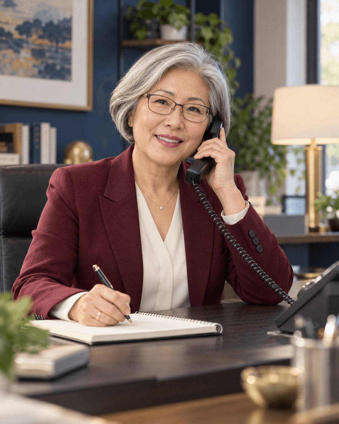 Smiling mature Asian woman in a maroon blazer talking on the phone and taking notes.