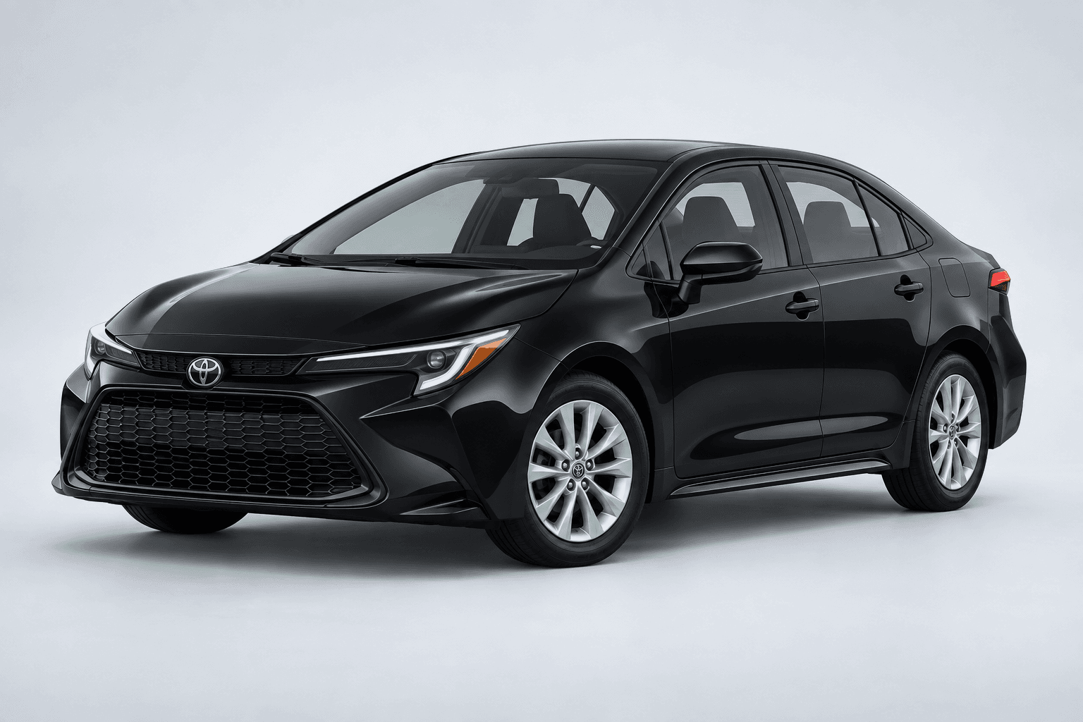 2026 Toyota Corolla LE in Midnight Black Metallic, three-quarter studio view with full vehicle contained in frame
