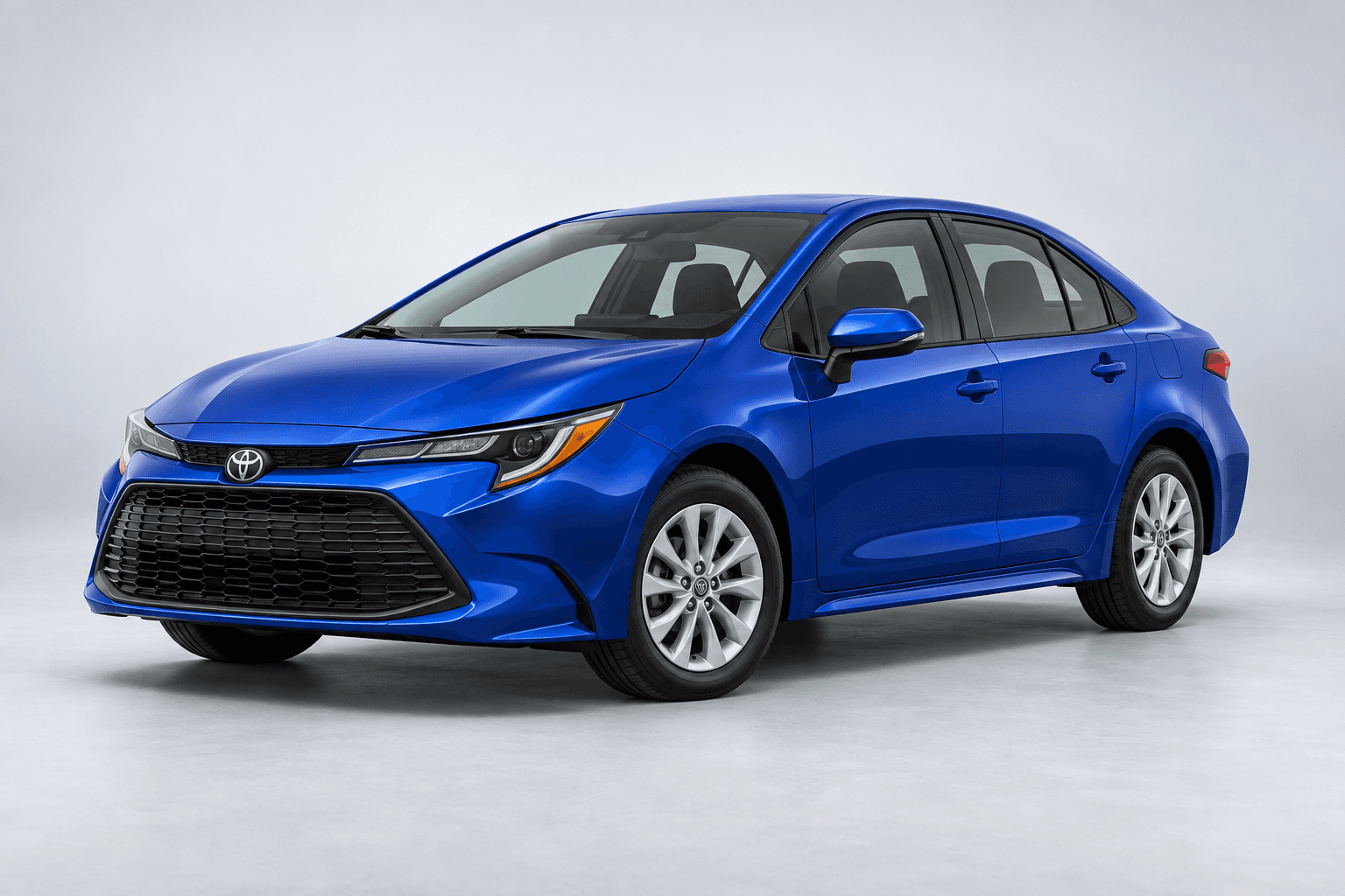 2026 Toyota Corolla LE in Blue Crush Metallic, three-quarter studio view with full vehicle contained in frame