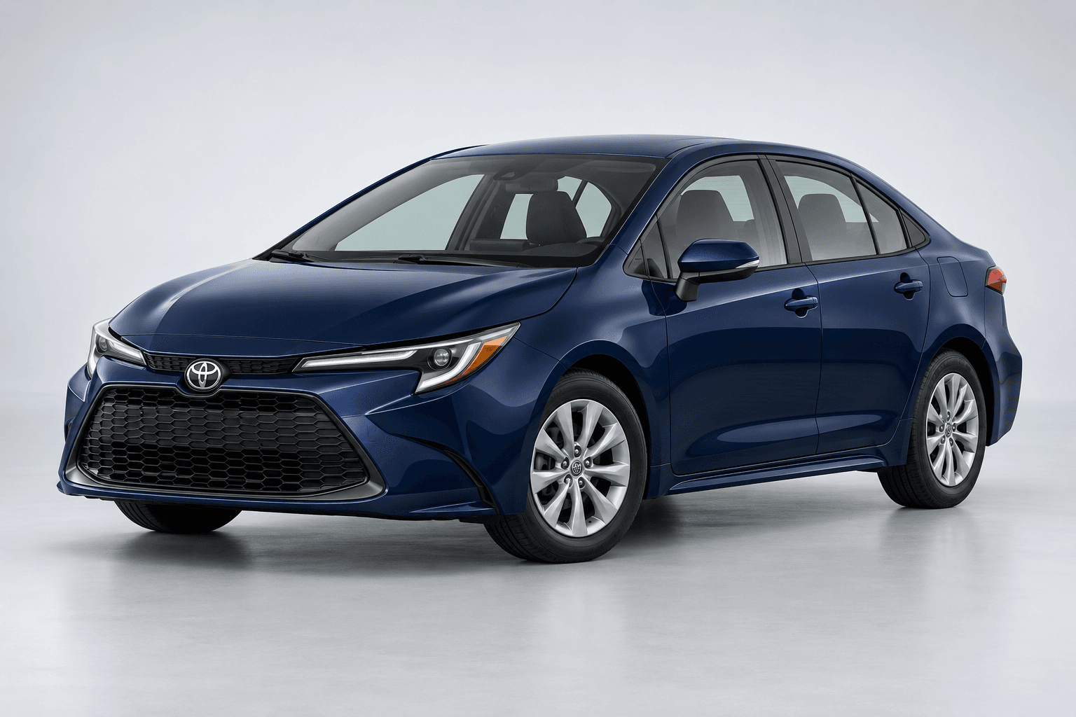 2025 Toyota Corolla LE in Blueprint, three-quarter studio view with full vehicle contained in frame