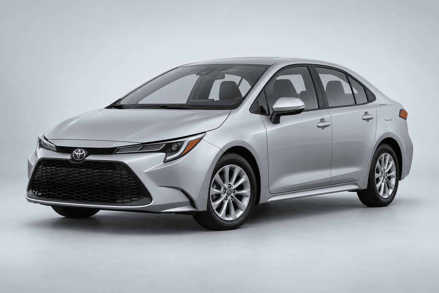 2026 Toyota Corolla LE in Classic Silver Metallic, three-quarter studio view with full vehicle contained in frame