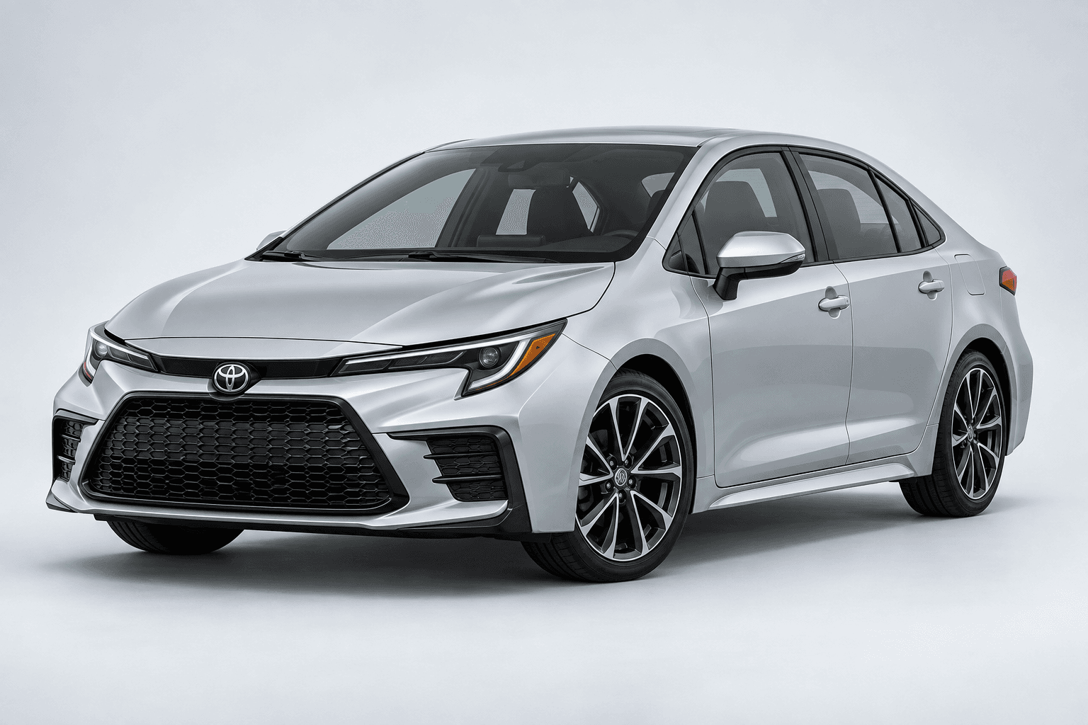 2025 Toyota Corolla SE in Classic Silver Metallic, three-quarter studio view with full vehicle contained in frame